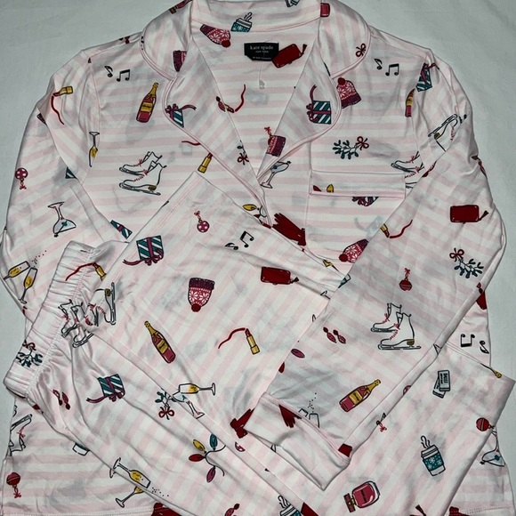 Kate Spade Long 2Pcs Festive Fun Notch Collar Pajama Set Pink - Picture 8 of 8